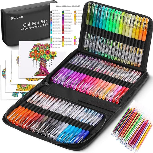 Soucolor Glitter Gel Pens for Adult Coloring Books, Back to School Supplies, 120 Pack-60 Glitter Pens, 60 Refills and Travel Case, 40% More Ink Markers Set for Drawing Doodling Journaling Art Supplies