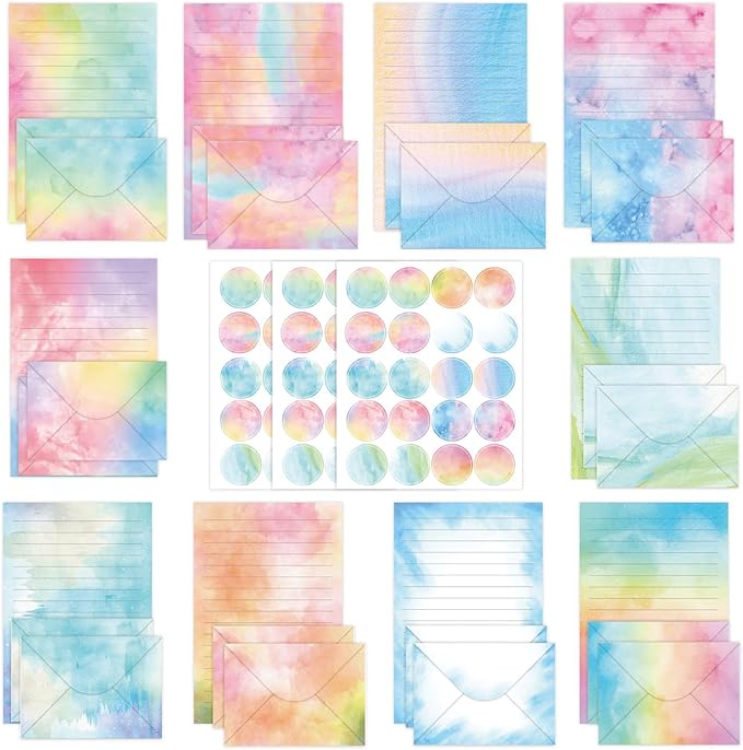 160 Packs Stationery Paper and Envelopes Set 10 Different Designs, 50 One Sided Stationery Writing Papers with 50 Matching Envelopes and 60 Round Dot Sticker, 5.5 x 8.25 Inch (Watercolor)