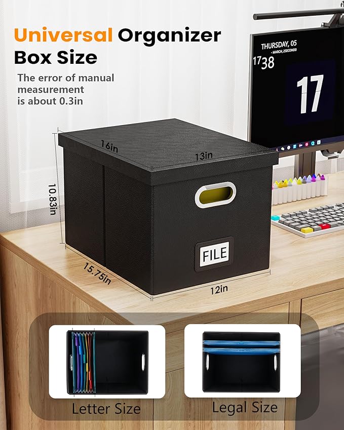 2 Pack File Storage Organizer Box, Portable Filing With Lid, Fit for Letter/Legal Folder Storage, Black (Leather)