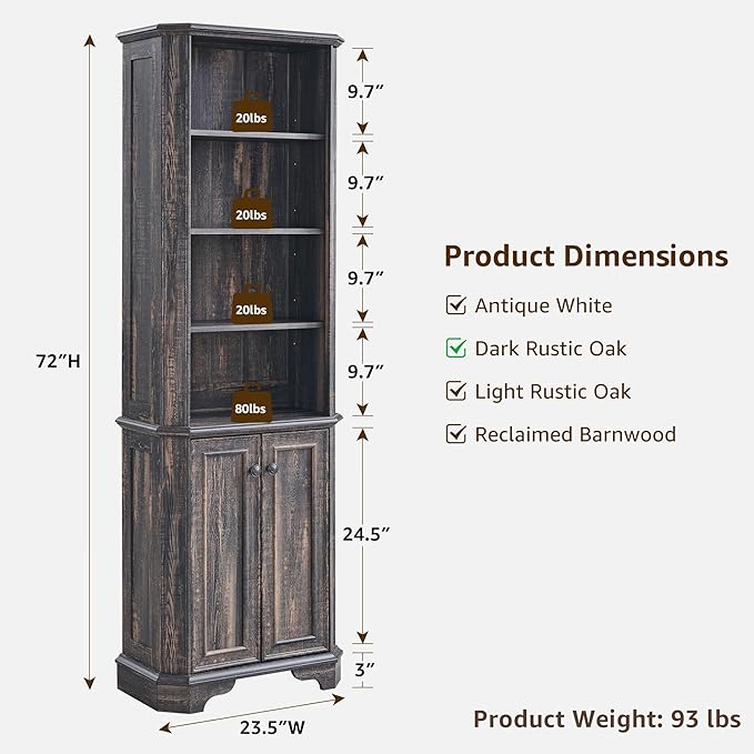 T4TREAM 6-Tier Bookshelf with Storage, 72" Tall Farmhouse Bookcase with Doors and Adjustable Shelves, Wooden Floor Standing Display Book Shelf Organizer for Home Office, Dark Rustic Oak