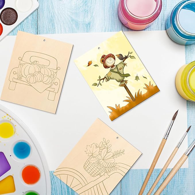 COCHIE 10PCS Large Fall Unfinished Wood Crafts to Paint for Adults Kids, Bulk Predrilled Wooden Ornaments for Painting, Pumpkin Scarecrow Maple Leaf Paintable Wood Slices Craft Supplies with Ropes