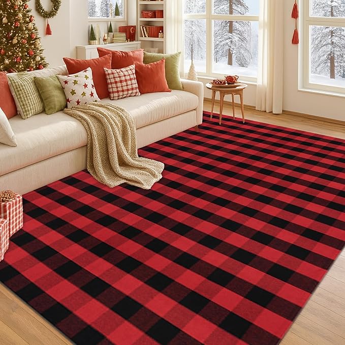 Ckorzen Red and Black Plaid Rug, 8' x 10' Christmas Front Porch Outdoor Rug, Handwoven Cotton Washable Rug for Layered Door Mats, Holiday Entryway and Home Décor
