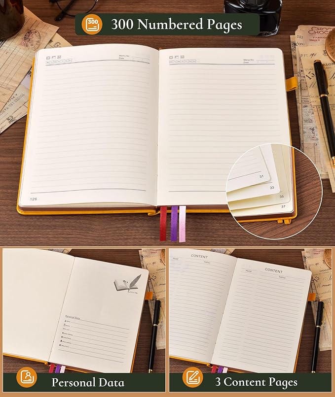 Vintage Leather Journal with 300 Numbered Pages,A4 Lined Journal for Men Women,Daily Journals for Writing,College Ruled Notebook for Work,School,Note taking,Travel Diary,Large (8.5" X 11.3")