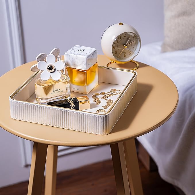 2 Pack White Catch All Trays for Jewelry| Small Leather Valet Tray| Key Bowl for Entryway Table EDC Trinket Tray Catch All| Perfume Trays for Dresser Organizer Perfume Holder (Set of 2)