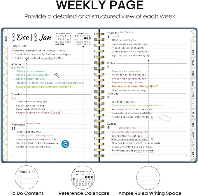 2026 Planner, Weekly and Monthly Calendar Planner, January 2026 - December 2026, Hardcover 2026 Calendar Planner Book with Tabs For Women & Men, Inner Pocket, Spiral Bound, Perfect for Office Home School Supplies - A5 (6.3" x 8.5"), Navy