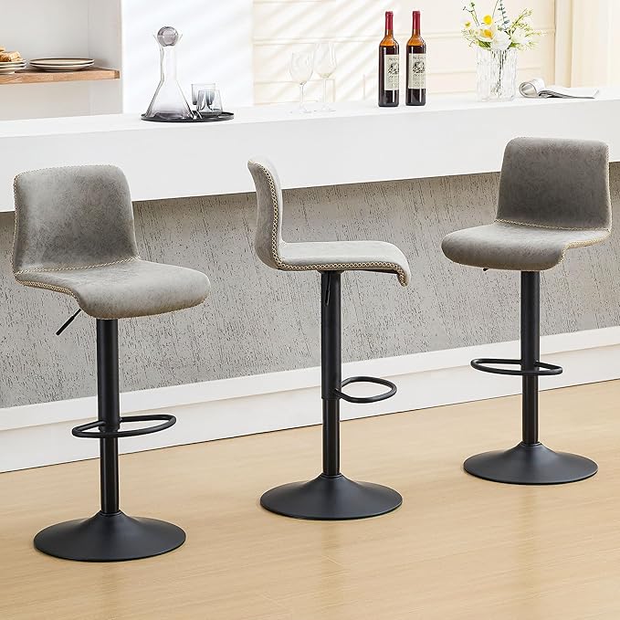 HeuGah Bar Stools Set of 3, Swivel Counter Height Barstools with Back, Adjustable Height 24" to 32", Gray Faux Leather Bar Chairs for Kitchen Island (Gray, Set of 3 (24'' to 32''))