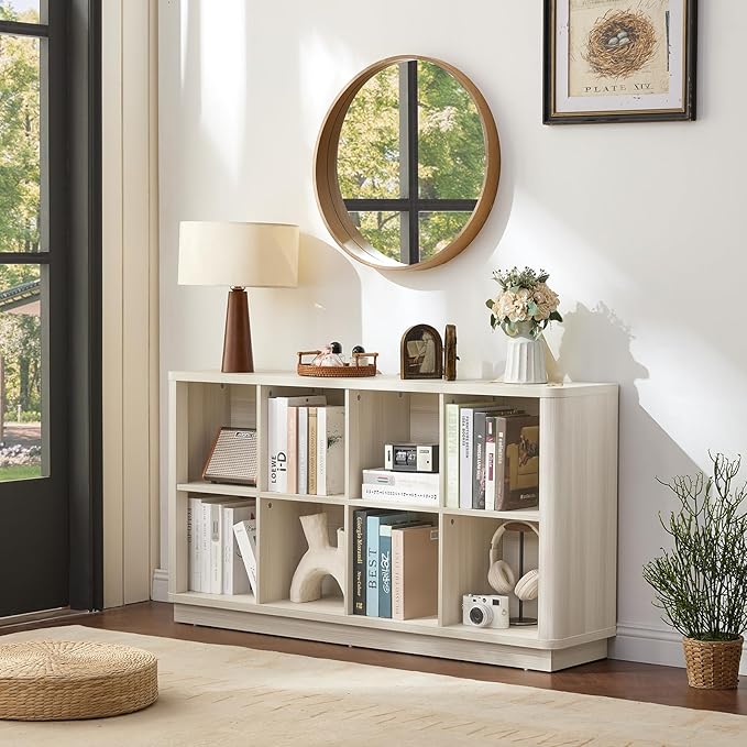 8 Cube Storage Bookcase, 52" Long Horizontal Book Shelf w/Curved Edge, Wooden Floor Standing 2-Tier Cubby Console Bookshelf with Base, Modern Low TV Stand for Living Room, White Cream Oak