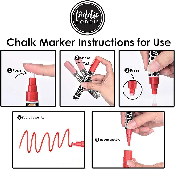 Loddie Doddie Liquid Chalk Markers - 4-Pack Basic Colors 6mm Reversible Tip - Erasable Multi-Surface Chalkboard & Window Markers for Glass Washable