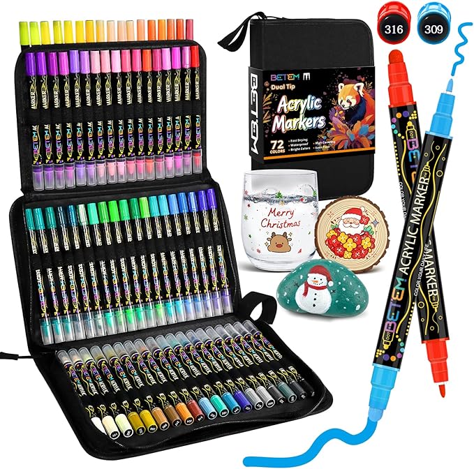 Betem Acrylic Paint Markers Pens, Dual Tip 72 Colors Premium Paint Pens Acrylic Markers for Wood, Fabric, Canvas, Stone, Rock Painting, Glass, Ceramic Surfaces, DIY Crafts Making Art Supplies with Bag