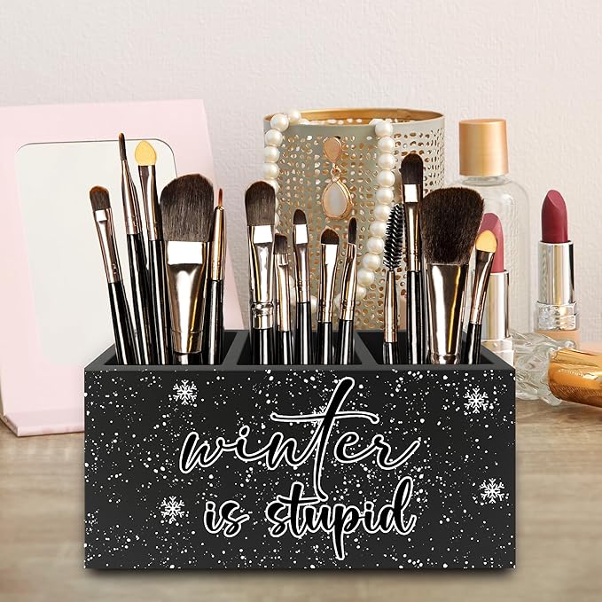 Funny Black Christmas Pen Pencil Holder Organizer for Desk, Winter Is Stupid Winter Snowy Xmas Snowflake Wooden Box Signs Decorations for Home Office Desk Tabletop