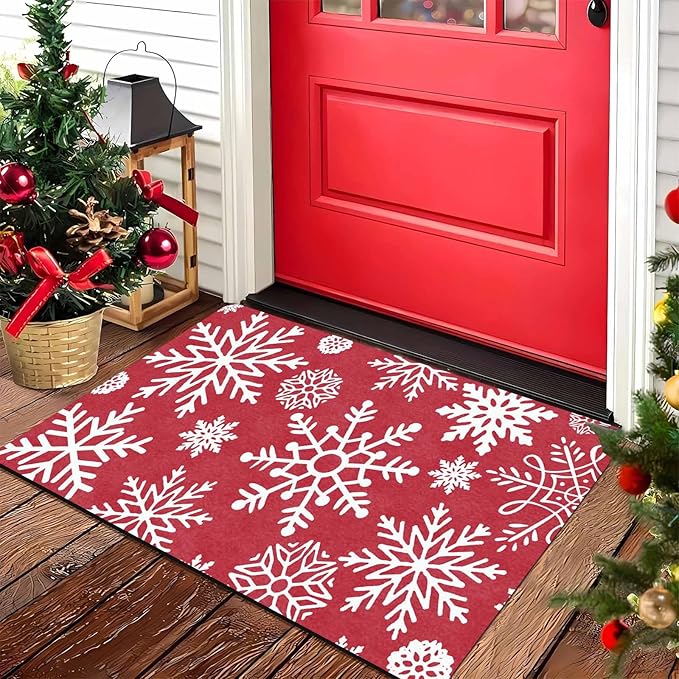 InterestPrint Christmas Red Door Mat Xmas Snowflakes Doormat Washable Floor Mats Outdoor Indoor Non-Skid Area Rug Entry Doormat for Bedroom Living Room Kitchen Nursery, 16" x 24" Inch