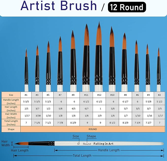 Falling in Art Paint Brushes Set, 12 PCS Nylon Professional Round Paint Brushes for Watercolor, Oil Painting, Acrylic, Face Body Nail Art, Crafts, Rock Painting