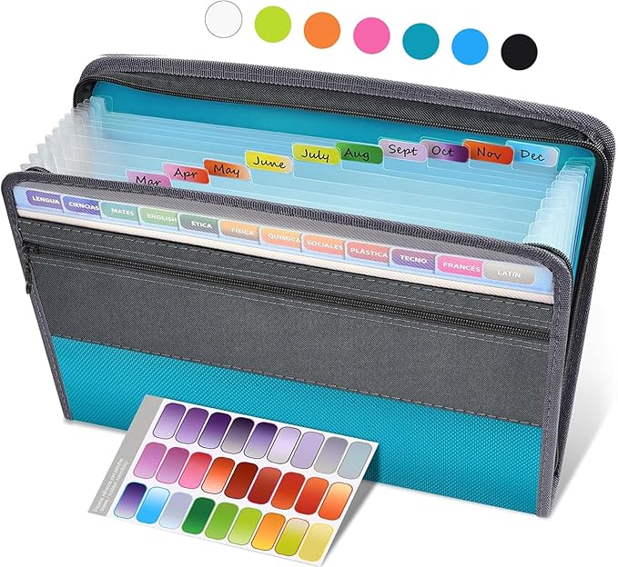 Sooez Accordion File Organizer with Safe Zipper, 12 Pocket Expanding File Folder with Front Pencil Pouch, Portable Monthly Paper Bill Tax Receipt Organizer, School Office Supplies, Letter Size, Teal