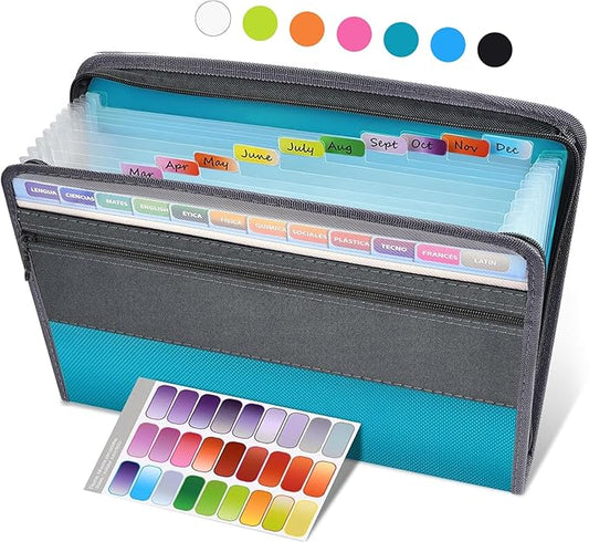 Sooez Accordion File Organizer with Safe Zipper, 12 Pocket Expanding File Folder with Front Pencil Pouch, Portable Monthly Paper Bill Tax Receipt Organizer, School Office Supplies, Letter Size, Teal