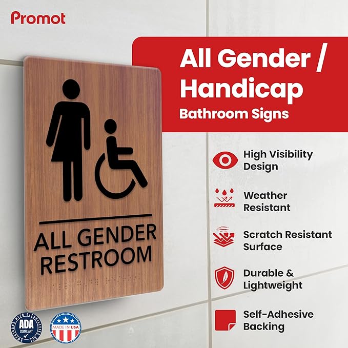 Promot All Gender Handicap Bathroom Sign – ADA Braille Restroom Sign for Business, Self-Adhesive, 9" x 6", Commercial Door Signage, Office Wall Decor - Chestnut