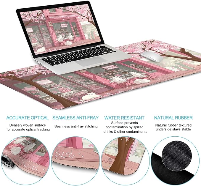 Anime Cat Mouse Pad Set, XXL Gaming Mouse Pad with Wrist Rest, Keyboard Mat, Cat Coaster, Cute Office Desk Decor Accessories, Pink Lycra