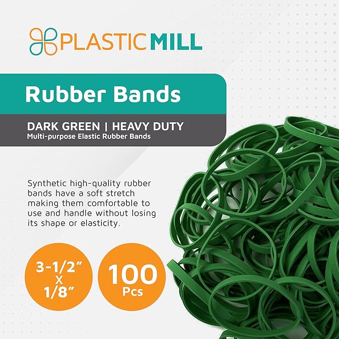 PlasticMill Dark Green Rubber Bands Size 33 (3 1/2" x 1/8") - #33 Colored Rubber Bands Office Supplies - Strong, Elastic Bands for Crafts, Balloon Garland, Cash, File Folders (100-Pack)
