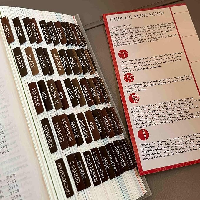 Spanish Laminated Bible Tabs, pestañas para biblia en español, Reposition Large Print Stickers, Easy to Read and Apply Bible Tabs for Women and Man- Earthy Brown Spanish