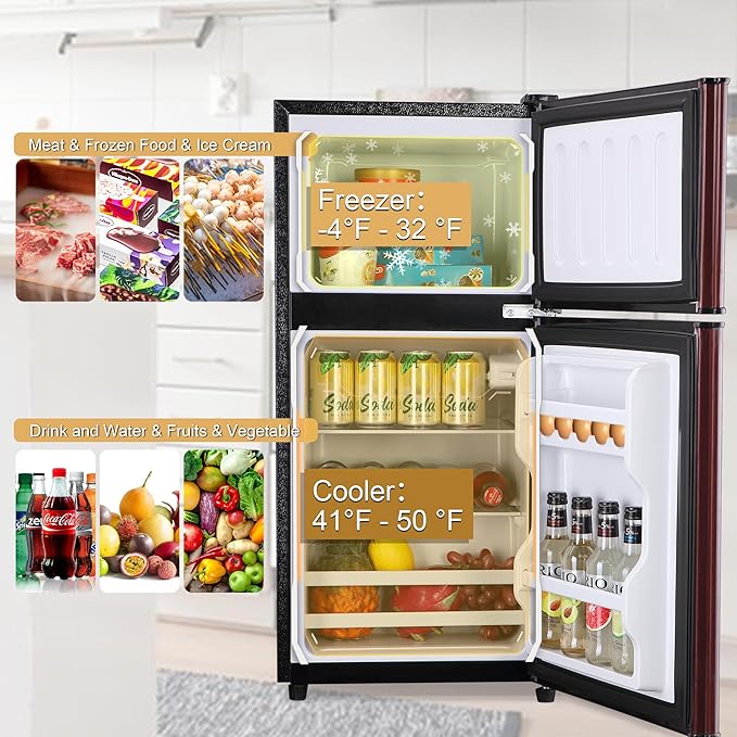 Mini Fridge with Freezer, 3.3 Cu. Ft. Double-Door Small Refrigerator with Adjustable 7-Level Thermostat & Separate Freezer, Dorm Fridge Compact for Kichen, RV, Office, Apartment, Wood