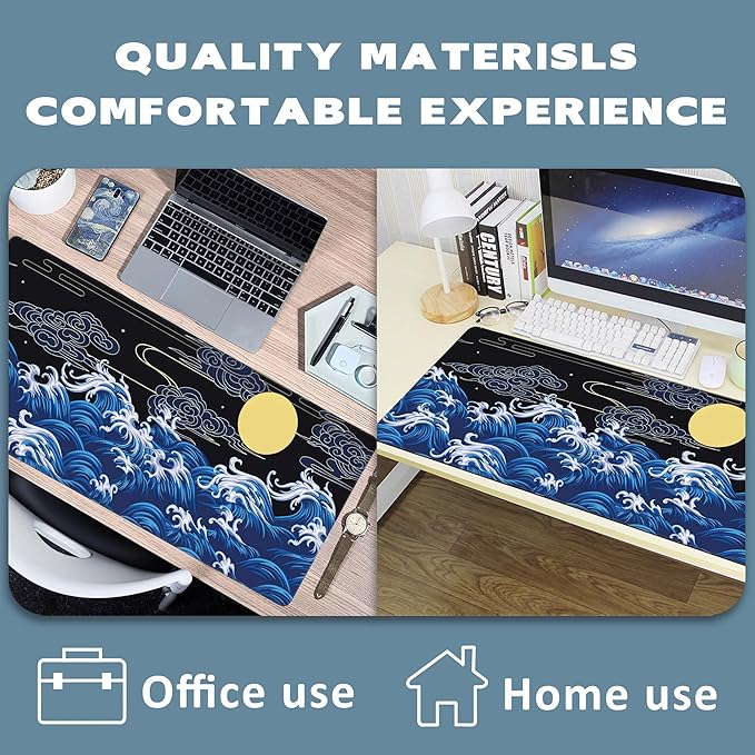 Large Mouse Pad Decorative Waves in Oriental Style Extended Gaming Mouse Pad Desk Mat Stitched Edges Mousepad Non-Slip Rubber Base Keyboard Pad for Laptop Computer PC 35.4 x 15.7 inches