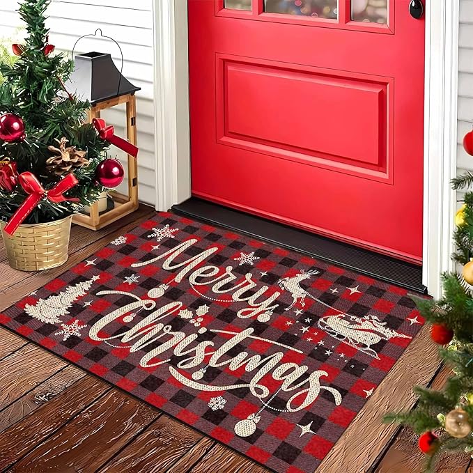 Christmas Front Door Mat Xmas Buffalo Plaid Welcome Doormat Reindeer Santa Claus Floor Mats Outdoor Indoor Area Rug Entry Doormat for Bedroom Living Room Kitchen Nursery, 16" x 24" Inch