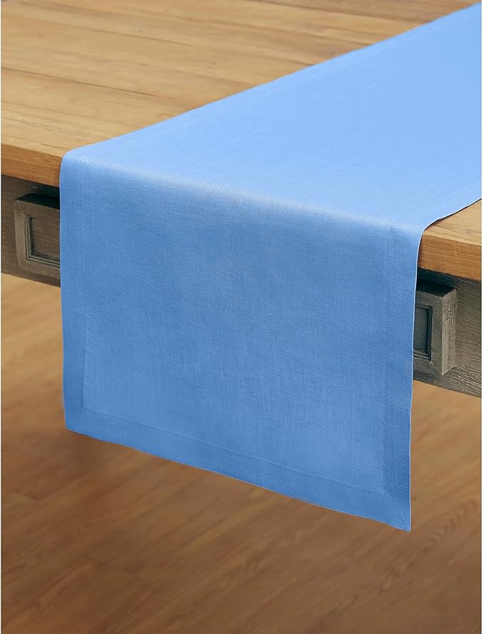Solino Home Linen Table Runner 48 Inches - 100% Pure Linen Provence Blue Table Runner 14 x 48 Inch Ideal for Dresser and Coffee Tables - Fete - Christmas, Winter