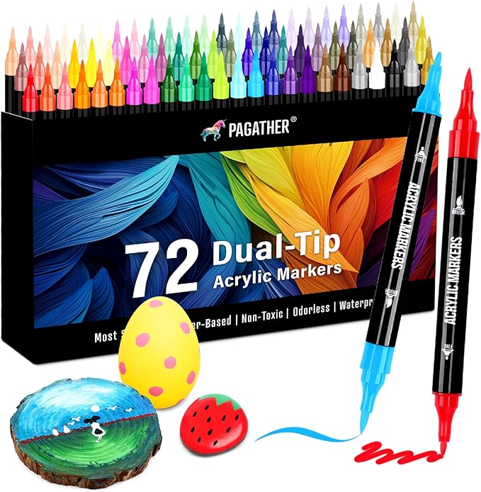 72 Colors Acrylic Paint Markers, Dual Tip with Fine Tip and Brush Tip Pens for Stone, Wood, Calligraphy, Canvas, Ceramic, Metal, Glass, Rock Painting, DIY Crafts