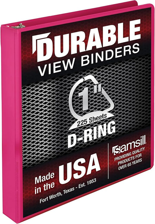 Samsill Durable 1 Inch Binder, Made in The USA, D Ring Binder, Customizable Clear View Cover, Magenta, Holds 225 Pages