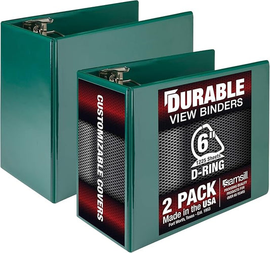 Samsill Durable 6 inch 3 Ring Binder, Made in USA, Locking D Ring FSC 100% Recycled Chipboard, Green, 2 Pack
