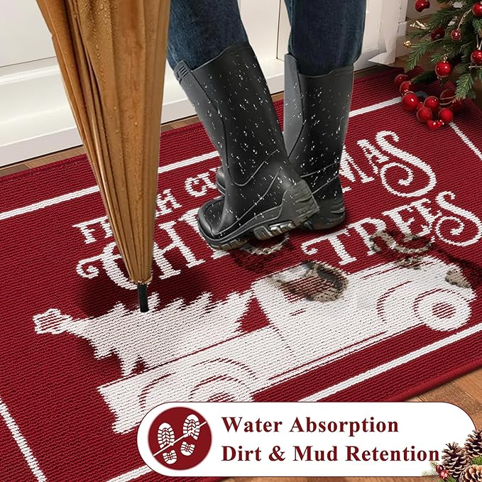 Christmas Doormat with Non Slip, Loop Pile Red and White Indoor Welcome Mat with Absorbent & Dirt-Trapping, Christmas Trees Truck Pattern, Porch Decor Outdoor Front Door Mat 32x48 Inch
