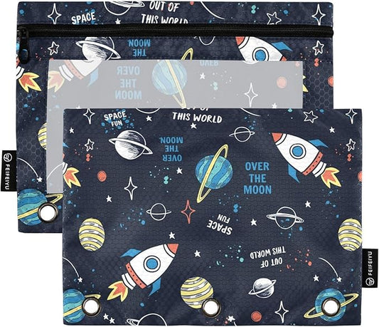 Space Rocket Planet Pencil Pouch for 3 Ring Binder, 2 Pack Waterproof Pencil Bags Clear Window Zipper School Office Supplies