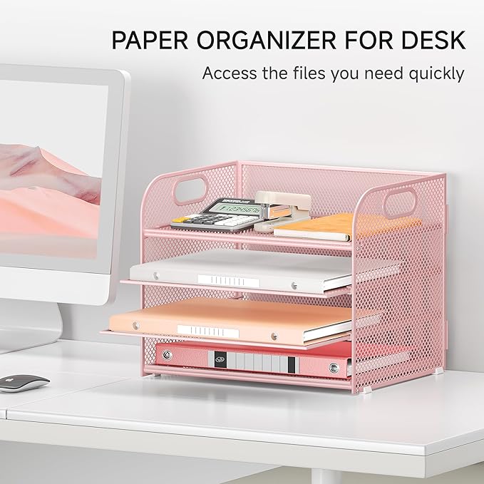 4-Tier Paper Organizer for Desk With Handle, Mesh Desktop File Tray, Office Classroom Organization and Storage - Pink