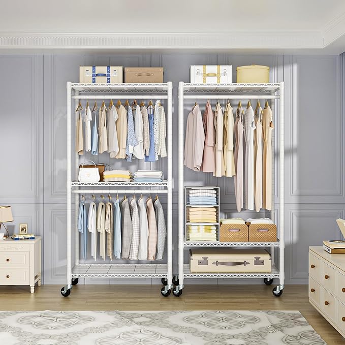 P1 Medium Heavy-Duty Portable Closet, 30" W x 14" D x 76" H, Metal Rolling Clothing Rack, White