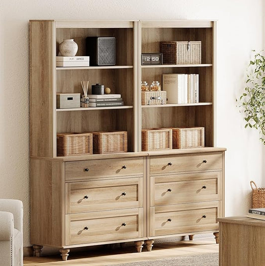 WAMPAT 3 Tier Bookshelf with 3 Drawers, 72" Tall Bookcase Large Farmhouse Display Book Case Shelf with 3-Tier Open Book Shelfs，Library Wood Bookshelves for Living Room,Kitchen, Oak(2PCS)