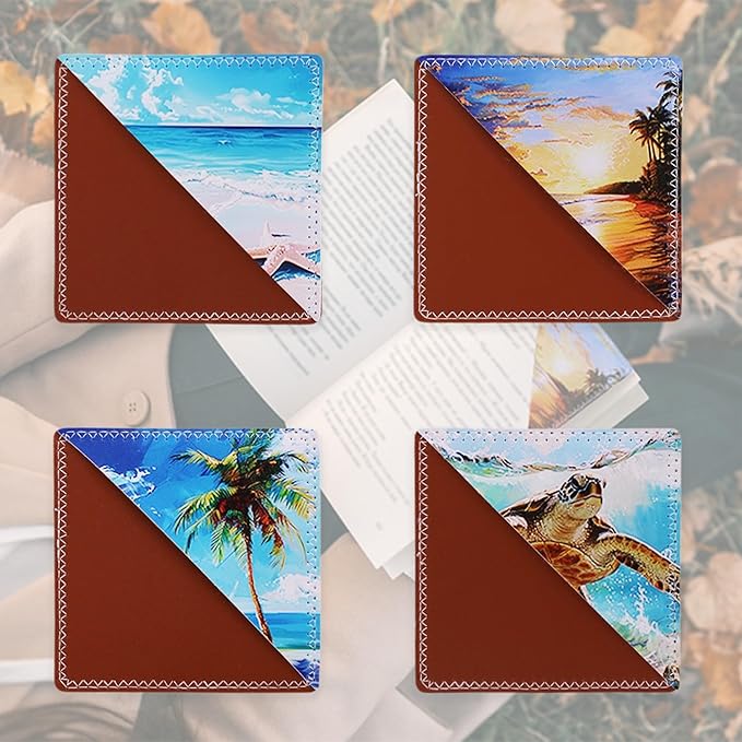 4 Pieces Leather Bookmarks, Cute Book Accessories for Reading Lovers, Page Markers for Women Men Kids Students Teachers Retirement Birthday Gift (Beach)