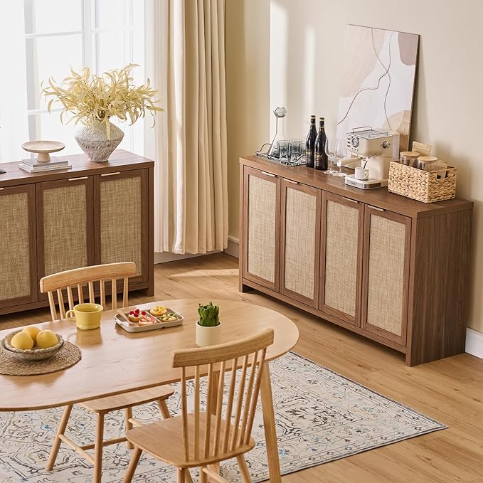 Walsham 61'' Buffet Cabinet with Storage, Adjustable Shelf Sideboard Rattan Entryway Console Cabinet with Doors Modern Credenza Coffee Bar Station for Kichen Living Room Holds 410lb Special Walnut