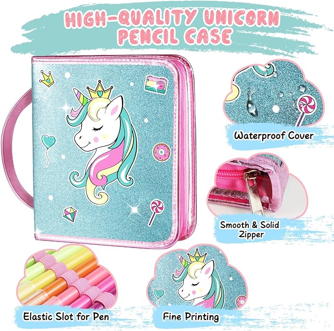 Unicorn Washable Markers Set with Glitter Pencil Case, Art Supplies for Kids Ages 4 5 6 7 8 9 10 Years Old, Arts Crafts Coloring Set with Crayon Pencil Gel Pen Stickers, Birthday Gifts for Girls 4-6-8