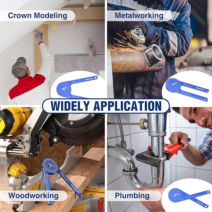 WORKPRO Aluminum Miter Saw Protractor, 7.3 Inch Angle Finder Featuring Precision Laser Engraved Scales for Inside and Outside Corner, Carpenters, Plumbers and All Building Trades, 360° Rotation, Blue