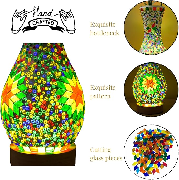 Unique Turkish Moroccan Style Mosaic Table Lamp, Colorful Glass Table Light with Wood Base, USB Powered for Bedroom, Living Room