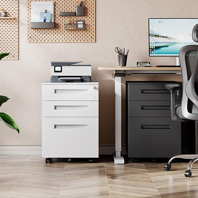 DEVAISE 3-Drawer Metal File Cabinet with Lock, Mobile Filing Cabinet Under Desk for Home Office, Fully Assembled Printer Stand fits A4/F4/Letter/Legal Size, White, 20" D x 15" W x 24" H
