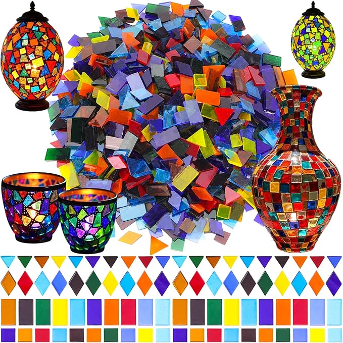 2400 Pcs Mosaic Tiles, Glass Mosaic Tiles for Crafts Bulk, Assorted Color Stained Mosaic Glass Pieces, Mosaic Supplies for Home Decoration, Art Crafts, DIY Projects, Transparent