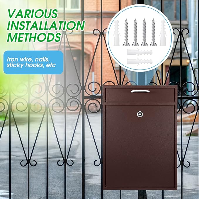 Locking Mailbox with Key for Outdoor 16.2 x 11.2 x 4.7 Inches Large Wall Mount Mail Box with Lock Security Mail Drop Metal Collection Boxes Hanging Secure Postbox(Brown)