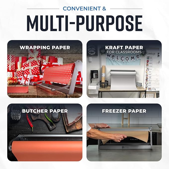 Bryco Goods 24 Inch Paper Roll Dispenser and Cutter, Wall Mountable & Non-Slip Tabletop, Heavy-Duty Steel Frame – Kraft, Butcher, Freezer, Wrapping Paper Holder – for Home, Office, Craft Projects