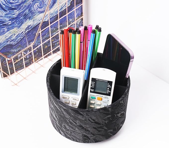 Hennaja Round Leather Art Supply Organizer,Remote Control Holder,360 Degree Spinning,Multi-Functional Pencil Holder,4 Compartments Desktop Stationary Organizer(1-Hill Black)