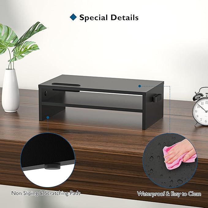 BONTEC Wooden Monitor Stand Riser, 2-Tier Desk Shelf with Storage Organizer, Ergonomic Computer Stand with Cable Management, Cellphone Holder, Black, 16.5 Inch