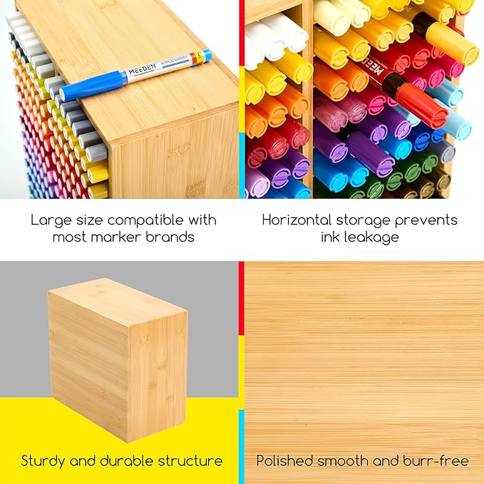 MEEDEN Bamboo Marker Holder Organizer: Holds 126 Pens with 18 Compartments- Art Supply Storage & Holder for Alcohol Markers，Pens，Pencils