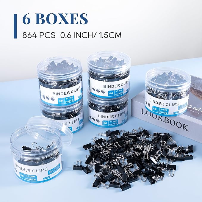 Small Binder Clips Bulk 864 PCS - Mini Binder Clips 15mm Paper Clip 5/8 Inch Paper Clamps, Micro Black Metal Binding Paperwork Clamp, School Teachers Office Supplies