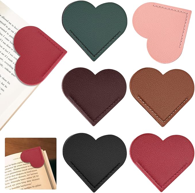 6 Pcs Leather Heart Bookmarks, Bookmarks for Women, Cute Heart Bookmark Corner, Book Marks for Teachers Students School Office Home Supplies