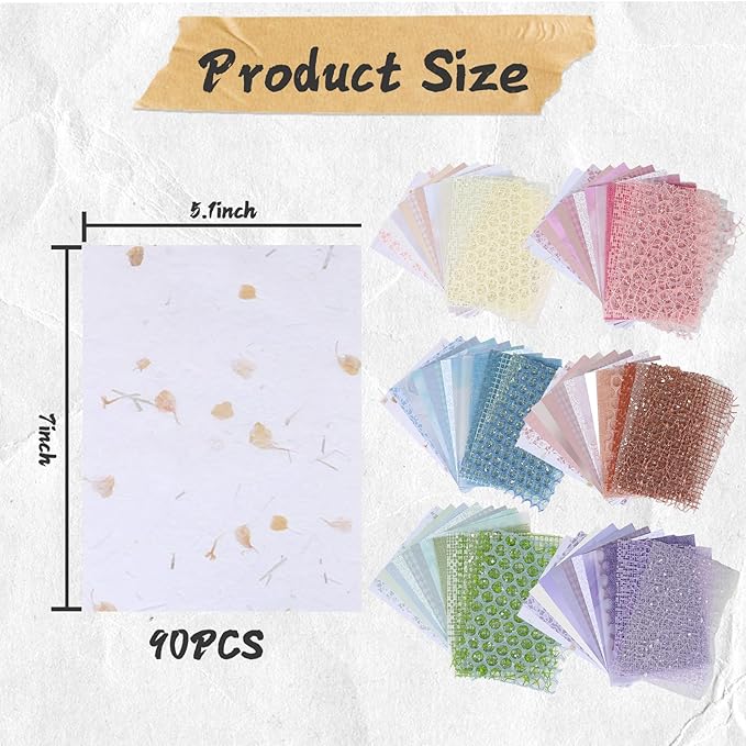 90 Sheets Textured Scrapbook Paper with Decor Mesh Fabric Creative Kit - 6 Pack Mixed Media Papers for Craft, Scrapbooking, Junk Journal, Card Making, Collage Art Supplies, 5.1 x 7 Inches