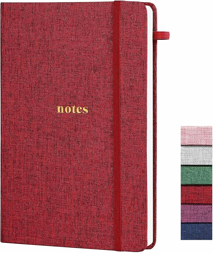 A5 Lined Journal Notebook – Hardcover Fabric Cover 160 Pages 100 GSM Thick Paper With Elastic Band & Pen Holder College Ruled Writing Notebooks for Work School Travel Dark Red